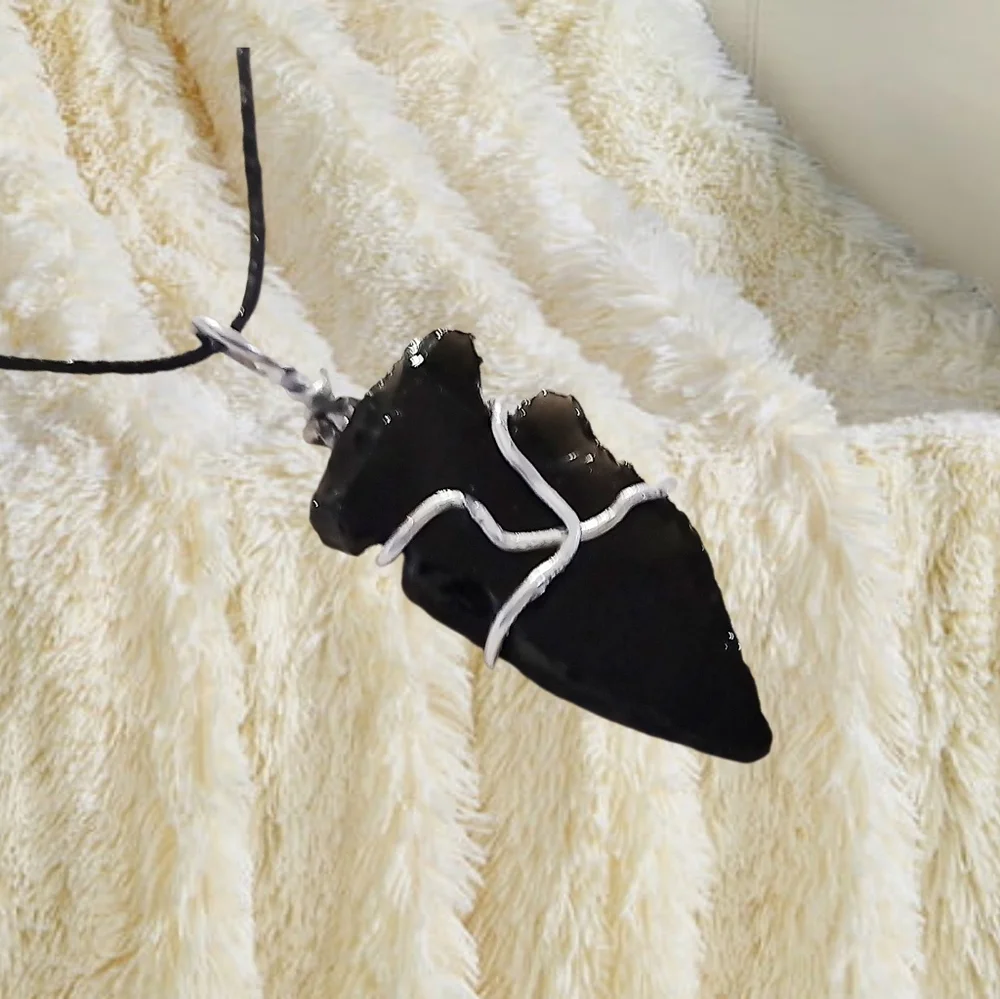 Hand-Wired Obsidian Arrowhead Pendant with Black Adjustable Cord Necklace. NWOT